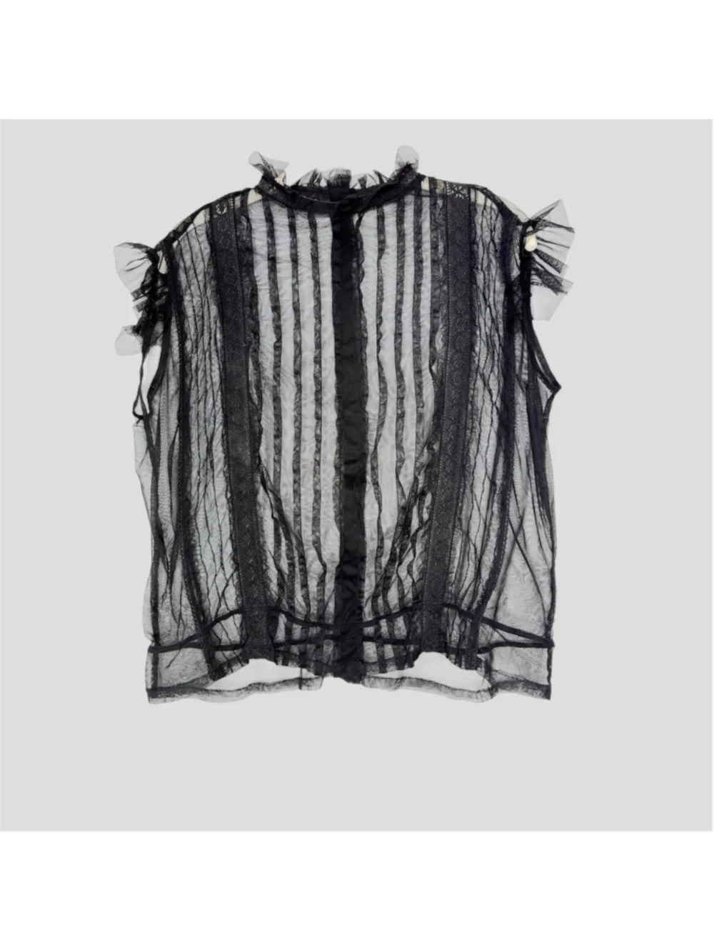 Vintage Black Mesh Pin-Tuck Lace Blouse M Back Ruffle Neck Whimsigoth Fairy Goth - Picture 3 of 16